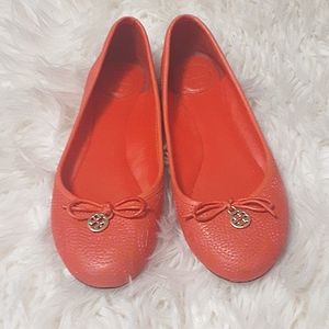 Tory Burch Chelsea Stitched Logo Fire Orange Leather Ballerina Flats Size 6.5